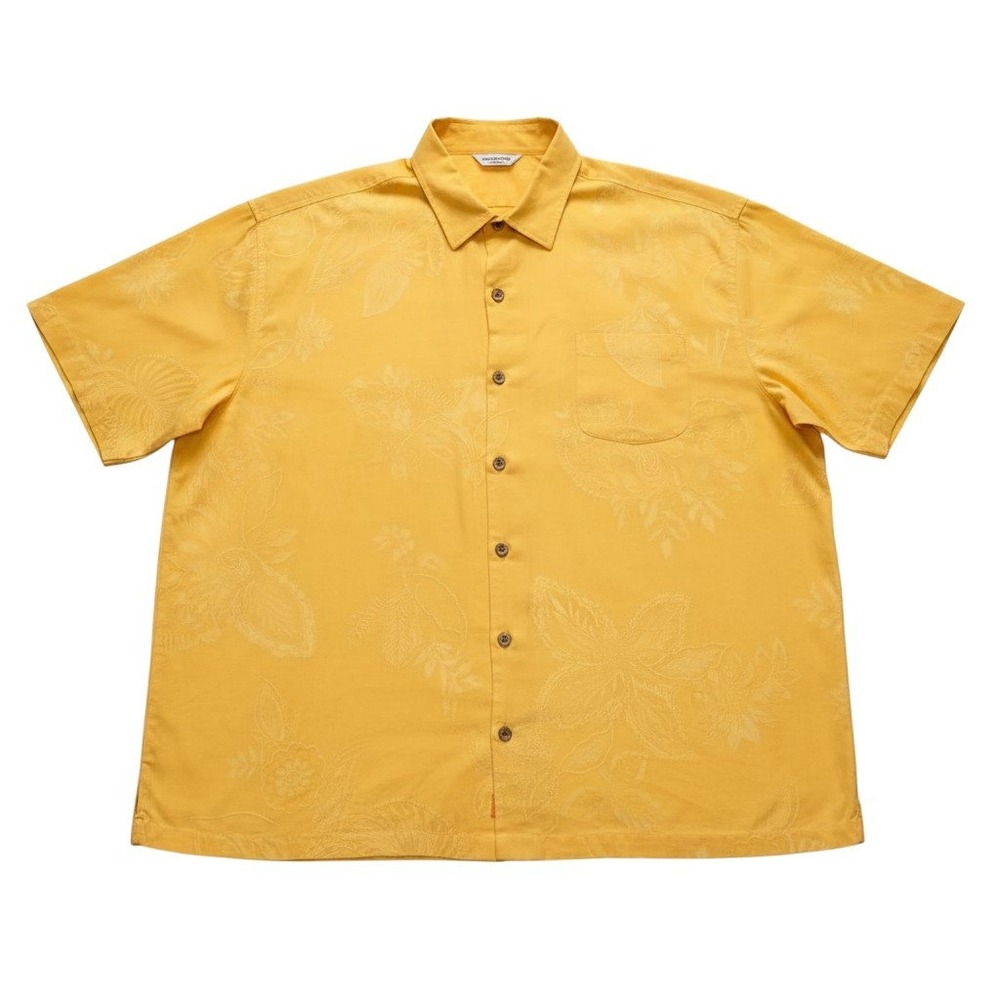 Tommy Bahama Shirt XXL Yellow Silk Jacquard Tropical Floral Short Sleeve Camp
